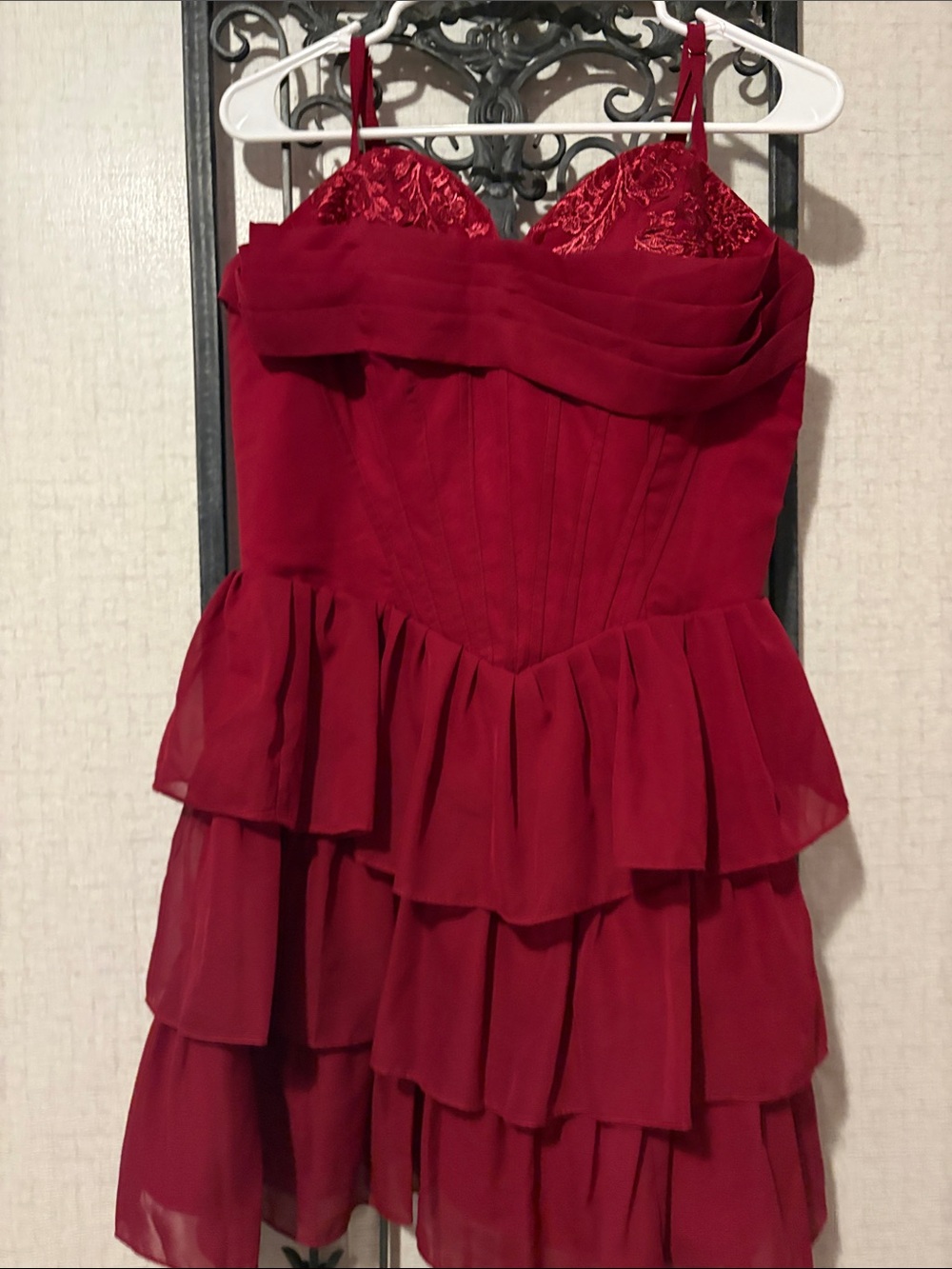 Red Tiered Chiffon Prom Dress with Embroidered Bodice